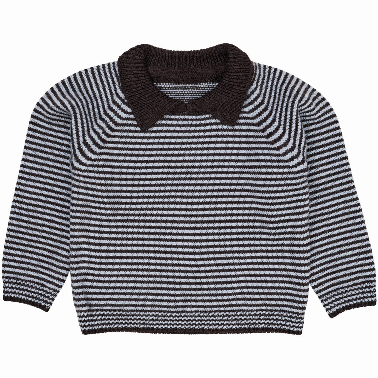 COPENHAGEN COLORS Dk Brown/Dusty Blue Stripe Merino Striped Blouse W. Collar Budget Friendly Mesh Insert