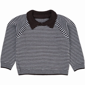 COPENHAGEN COLORS Dk Brown/Dusty Blue Stripe Merino Striped Blouse W. Collar Budget Friendly Mesh Insert