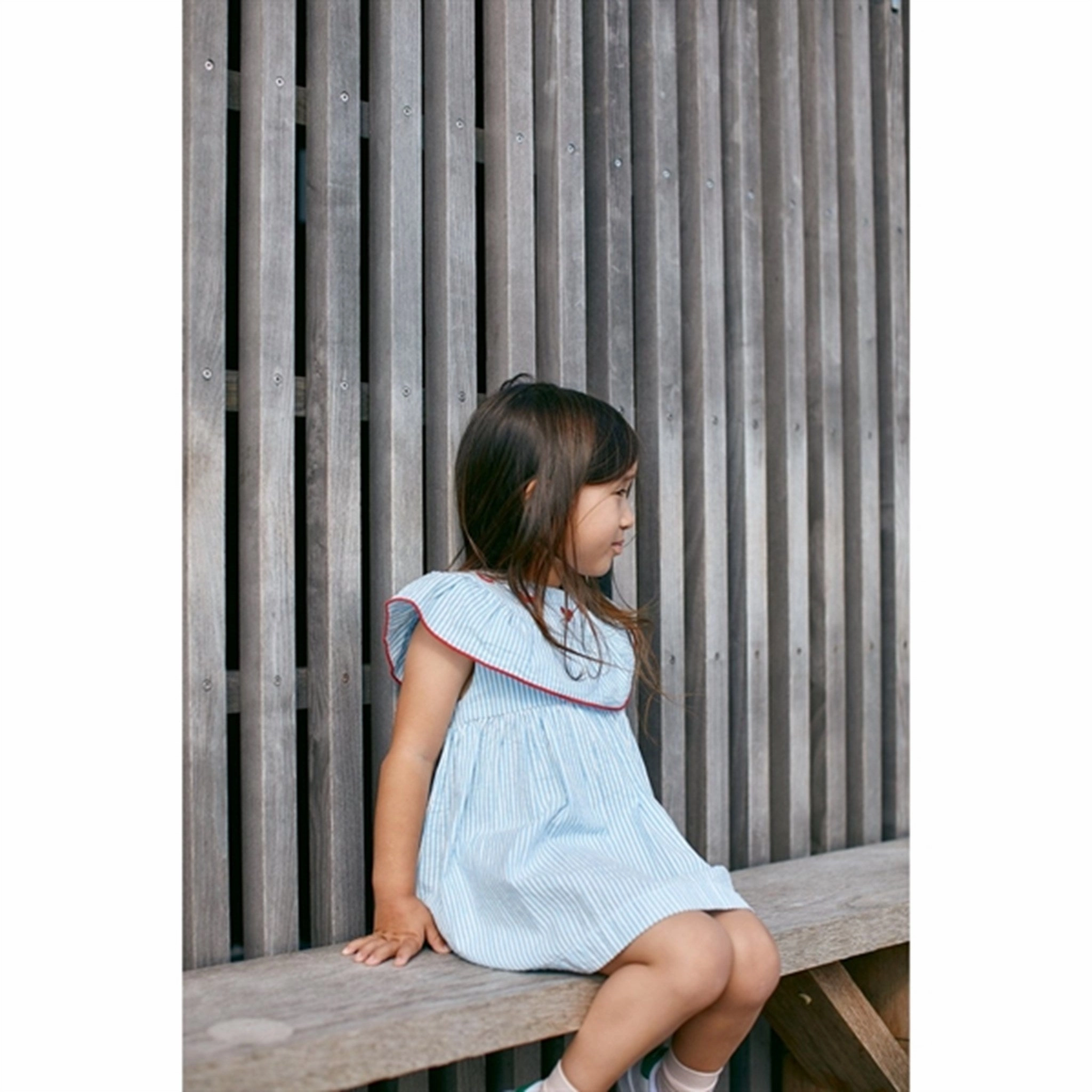 Flexible Fabric Copenhagen Colors Sky Blue W Cream Stripe Seersucker Dress w. Hearts