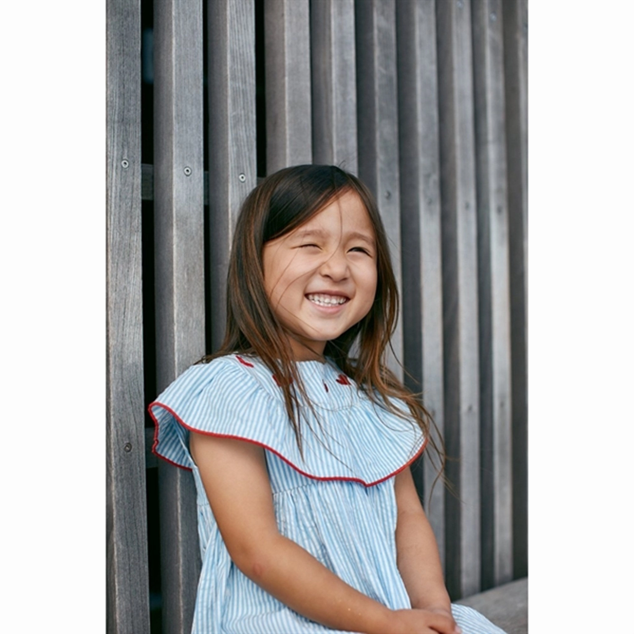 Copenhagen Colors Sky Blue W Cream Stripe Seersucker Dress w. Hearts Matte Fabric