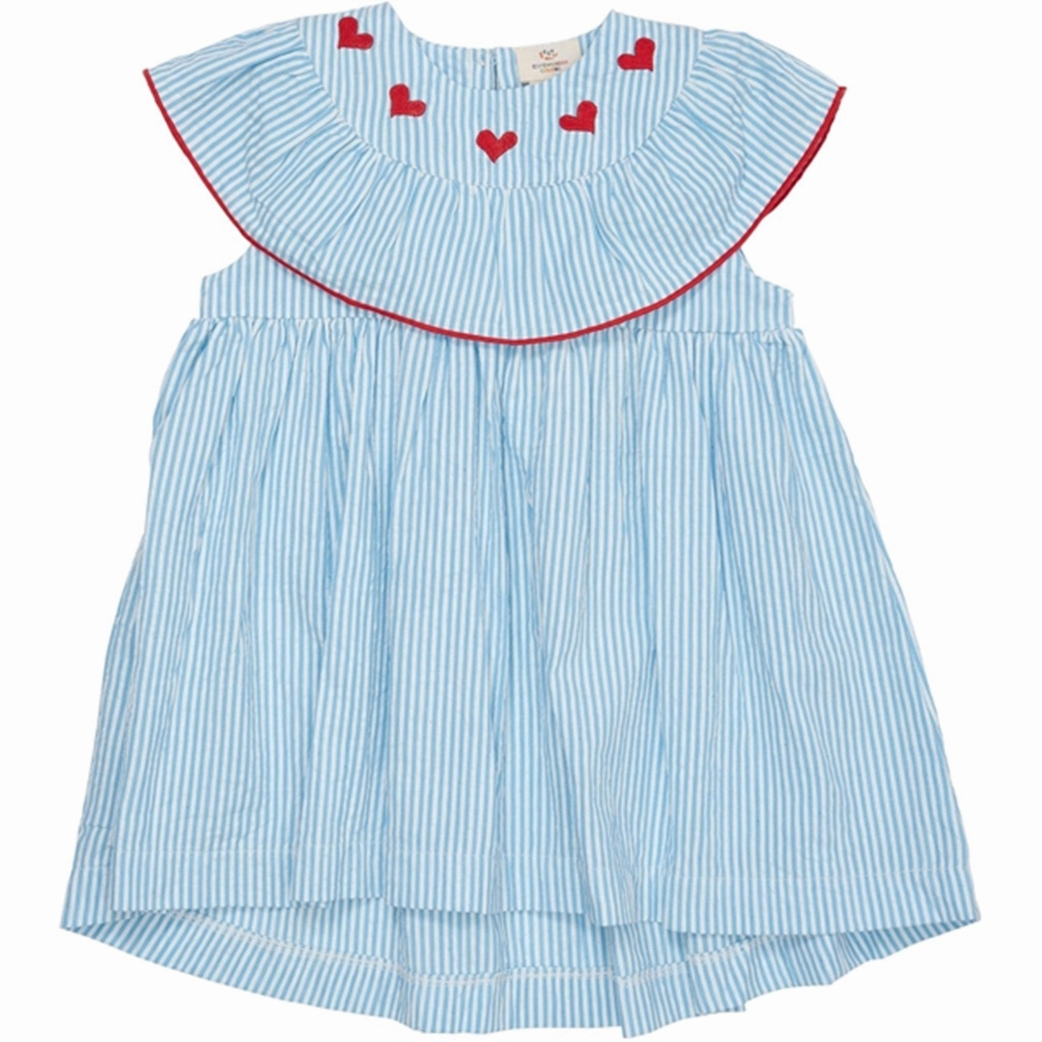 Smooth Finish Pure Fabric Copenhagen Colors Sky Blue W Cream Stripe Seersucker Dress w. Hearts