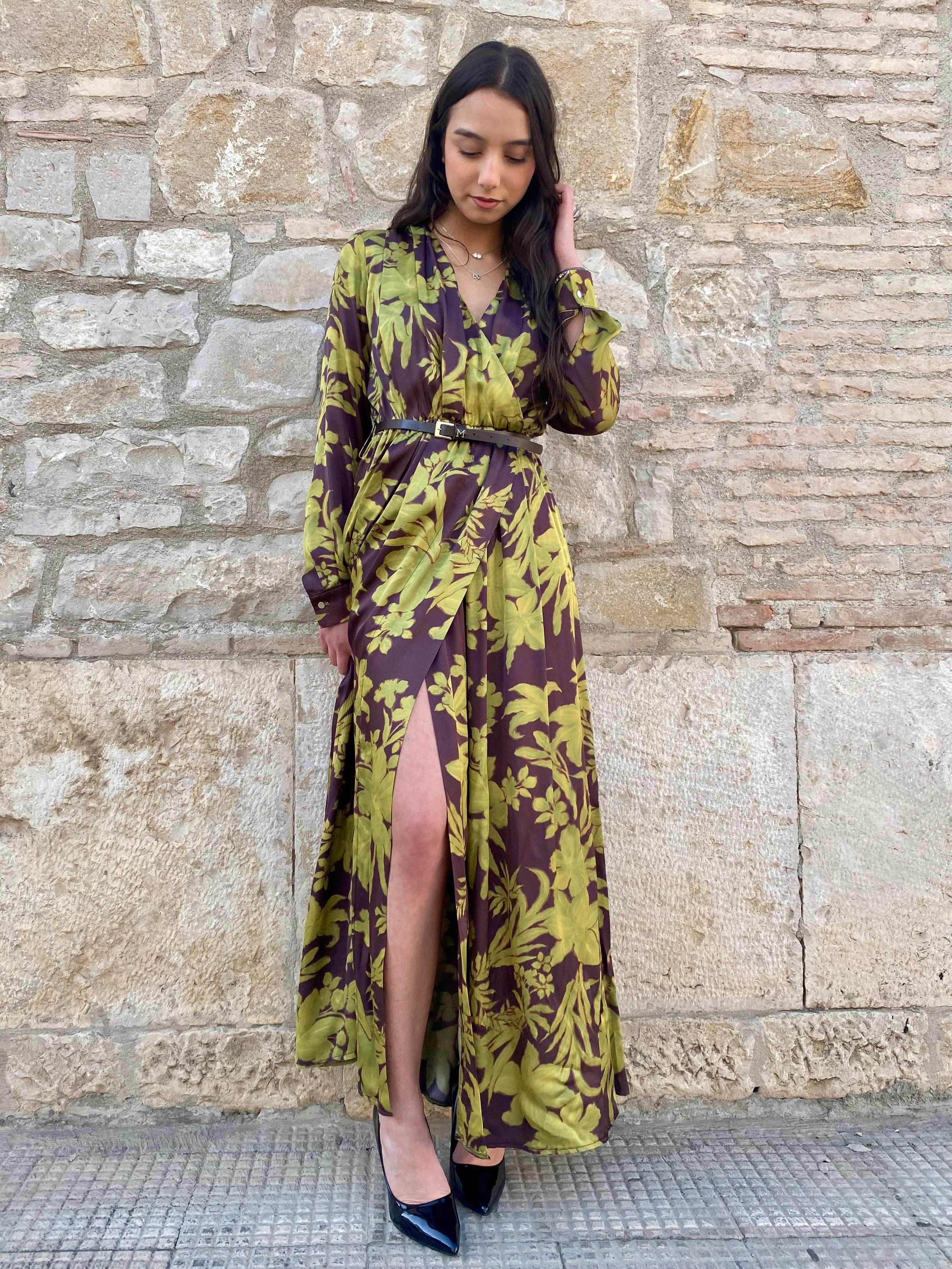 Wedding-Guest Maryley abito manica lunga con cintura in cuoio 24IB317 59 fantasia