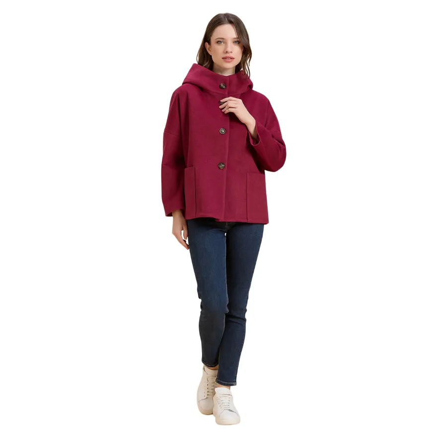 Griffai cappotto corto con cappuccio donna DGF6056 Bordeaux Chic Full Length Front Zipper