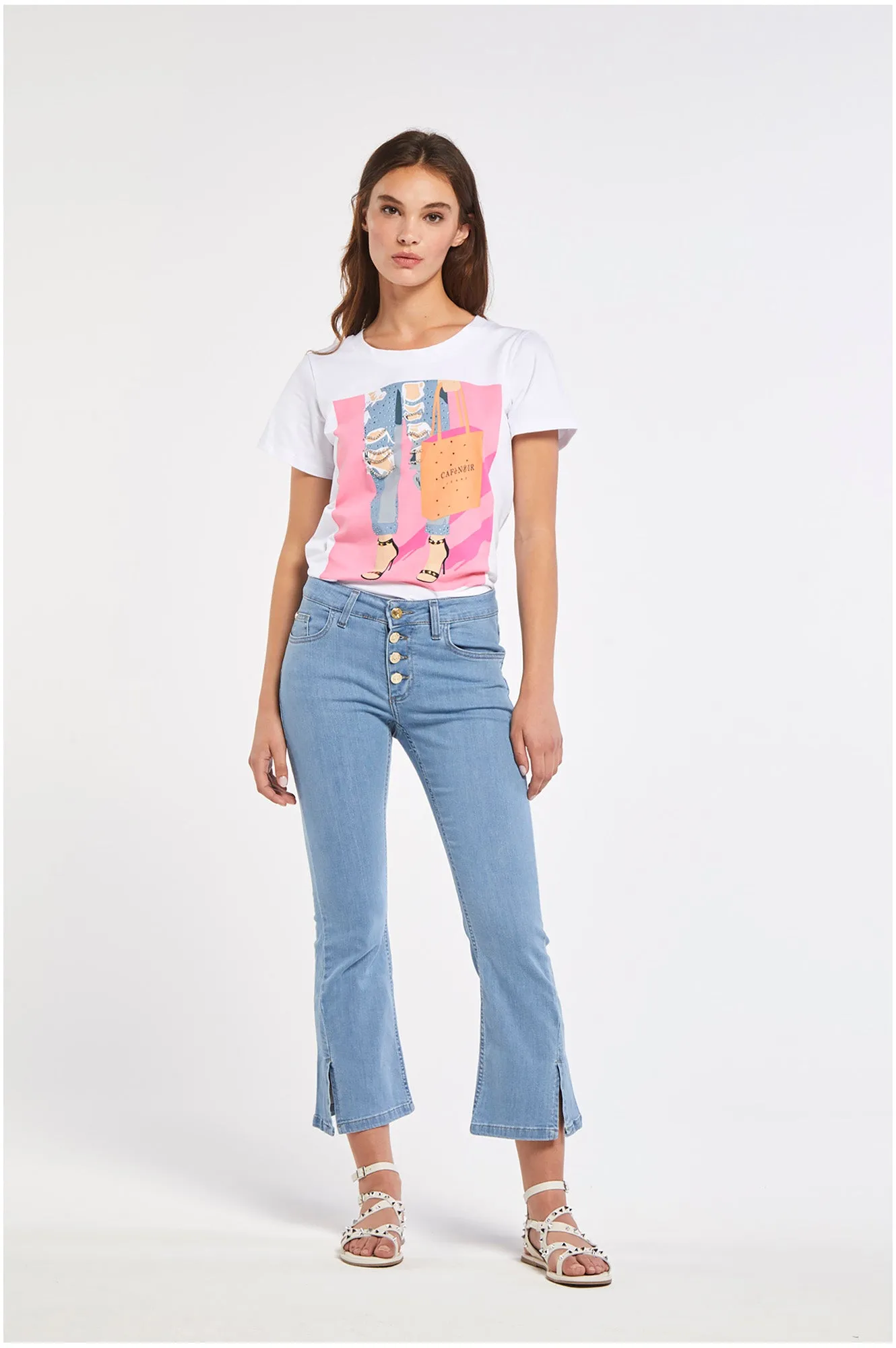 Ventilated Mesh Lining Caf??Noir Pantalone Jeans Cropped Flare con bottoni a vista C7JJ0077 B049 sky