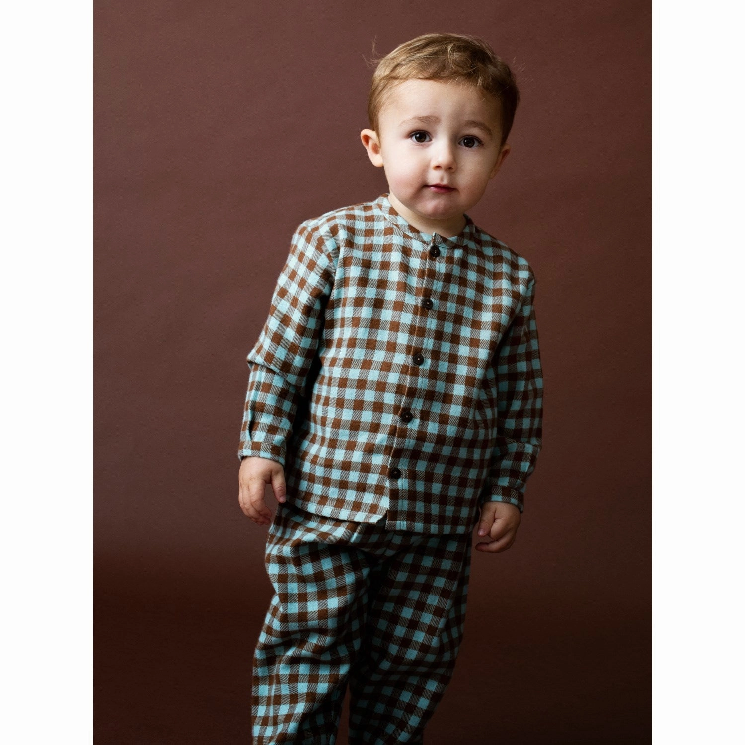 Serendipity Coffee Checks Baby Brushed Shirt Wrinkle-Resistant Sustainable Dye Process
