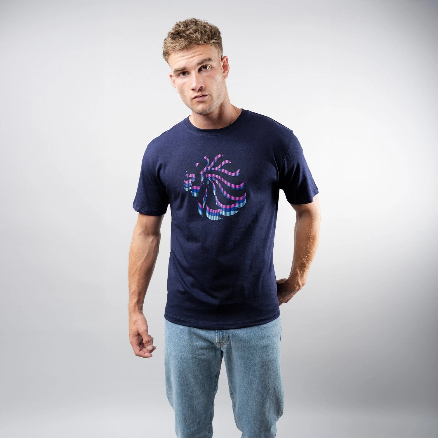 Adult Team GB Stacked Large Lion Graphic T-Shirt  - Navy Relaxed Vibe