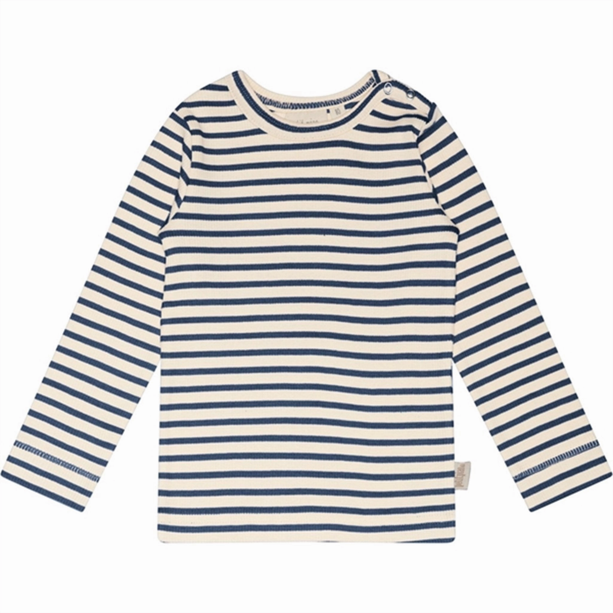 Year-Round Wear Waffle Weave Petit Piao? Denim Blue/Off White Blouse Modal Striped