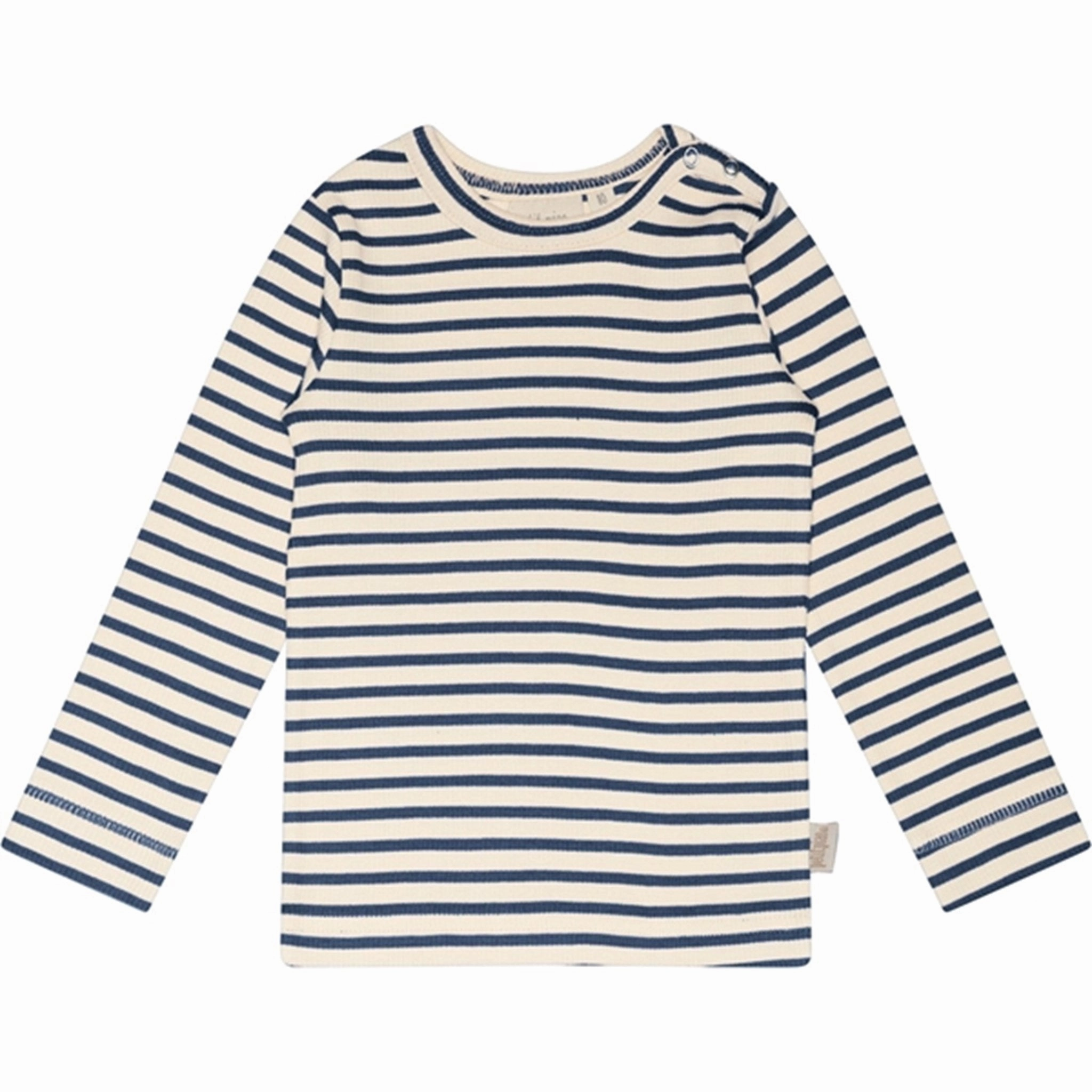 Petit Piao? Denim Blue/Off White Blouse Modal Striped Tailored Silhouette Multi Functional Pockets