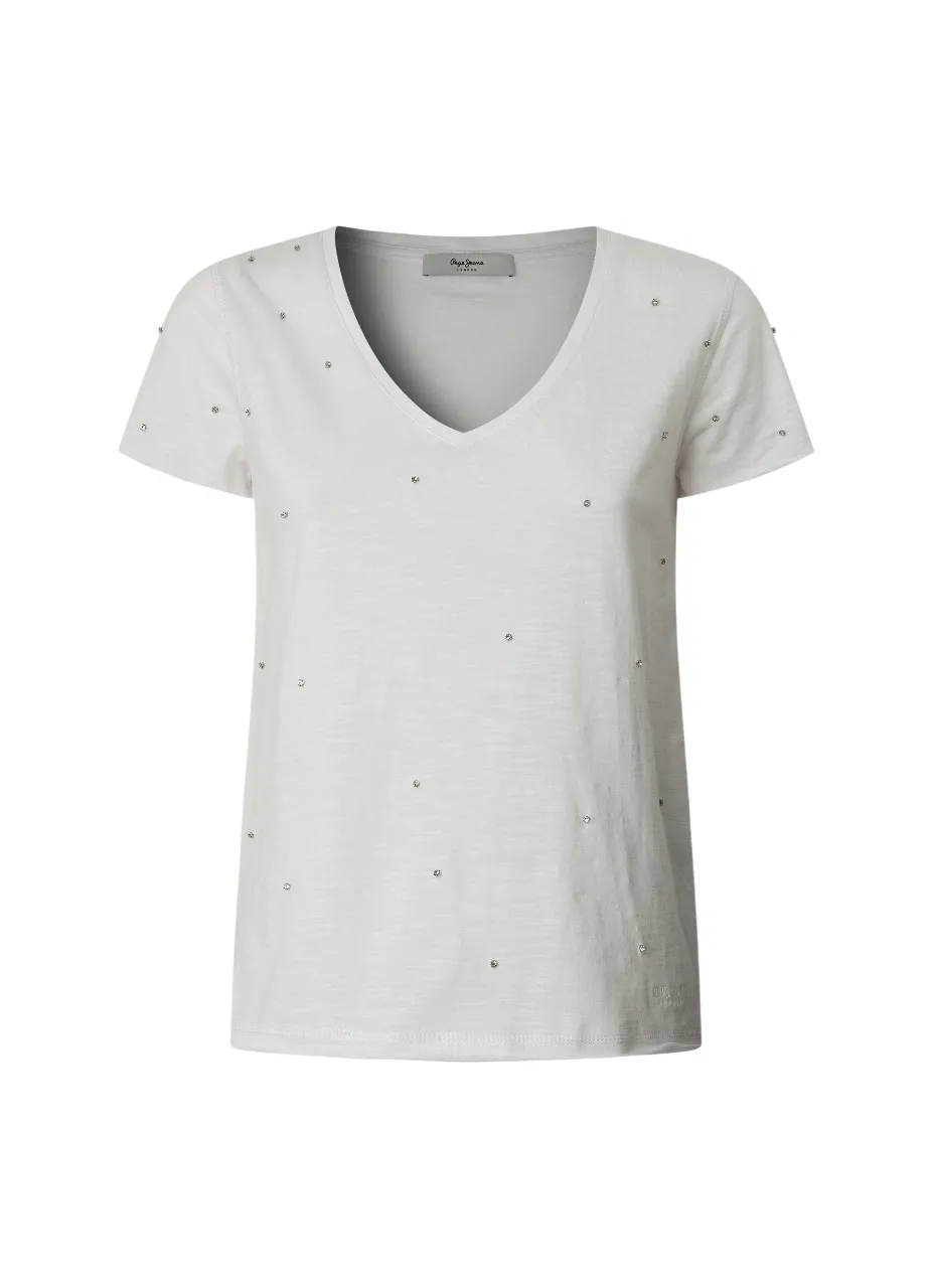 Pepe Jeans maglietta manica corta con scollo V con strass PL506023 800 bianco SeamlessSidePanels Functional Wear