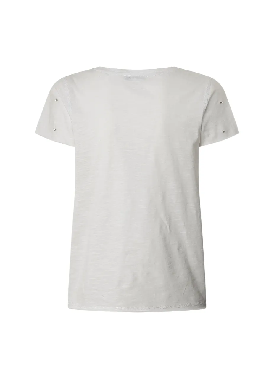 Pepe Jeans maglietta manica corta con scollo V con strass PL506023 800 bianco Unisex versatility Soft Cotton Feel