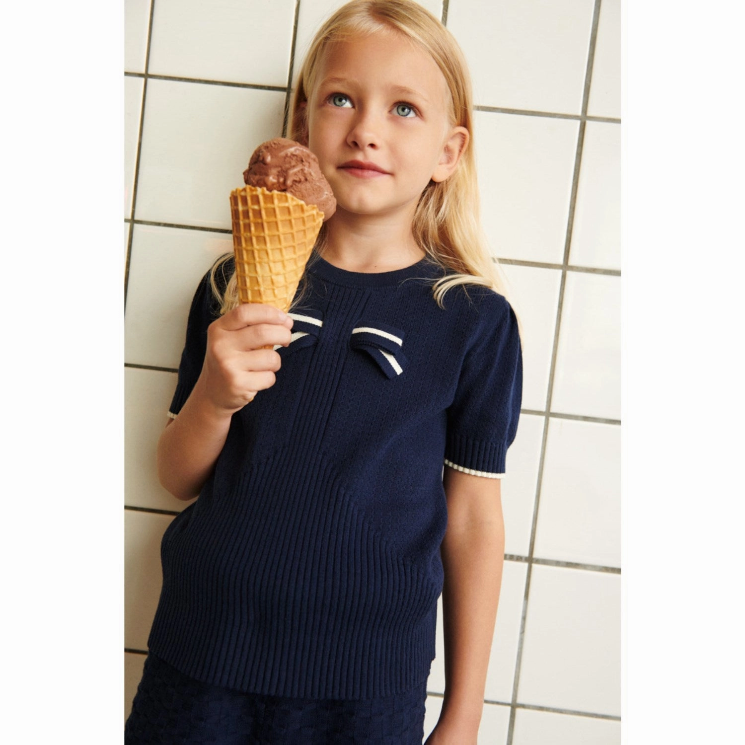 FUB dark navy Bow Tee Casual Layering Wear Breathable mesh