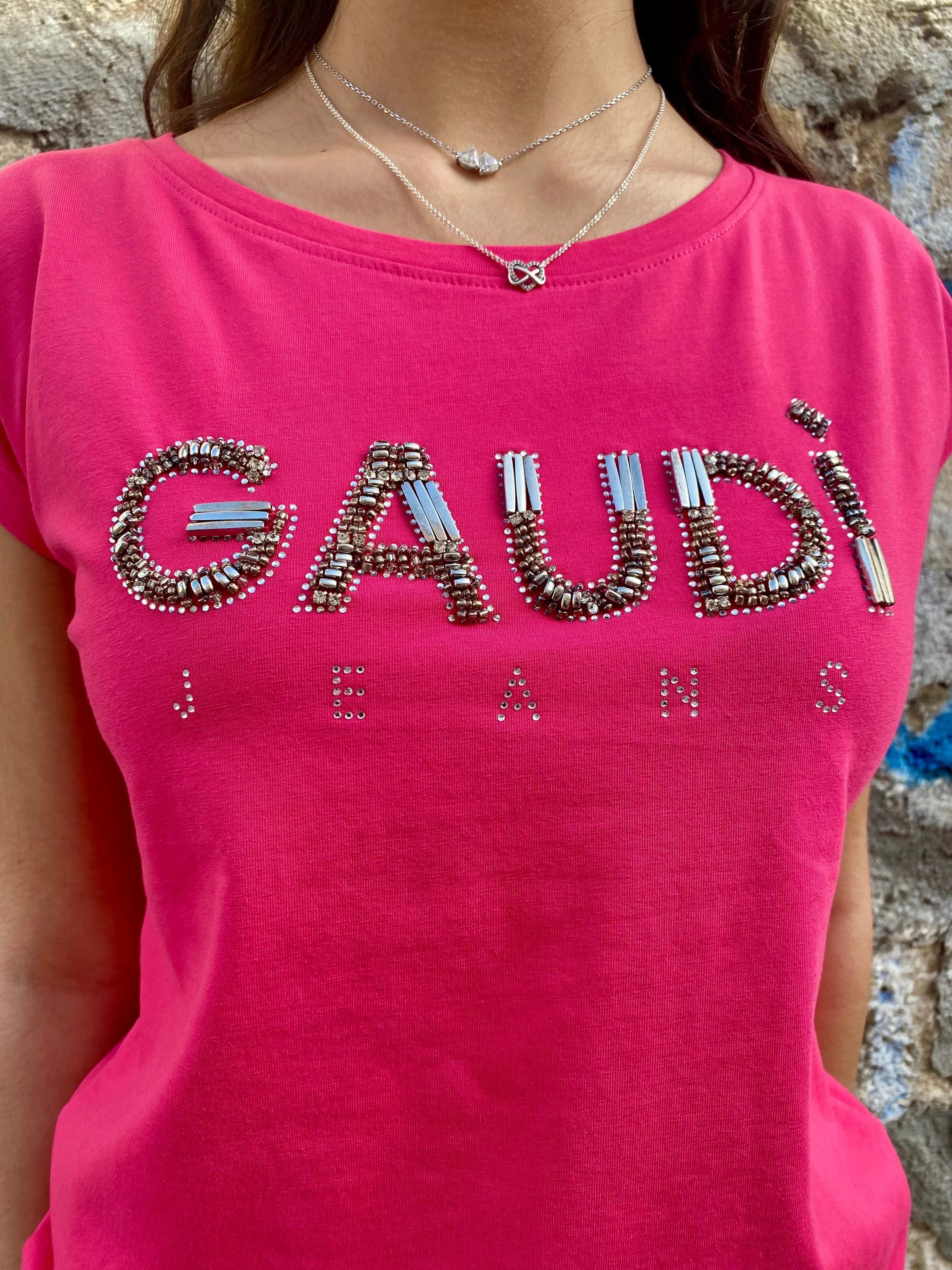 Gaud?? maglietta manica corta da donna con logo in applicazioni metalliche 511BD64025 3435 fucsia Comfy Look Wear