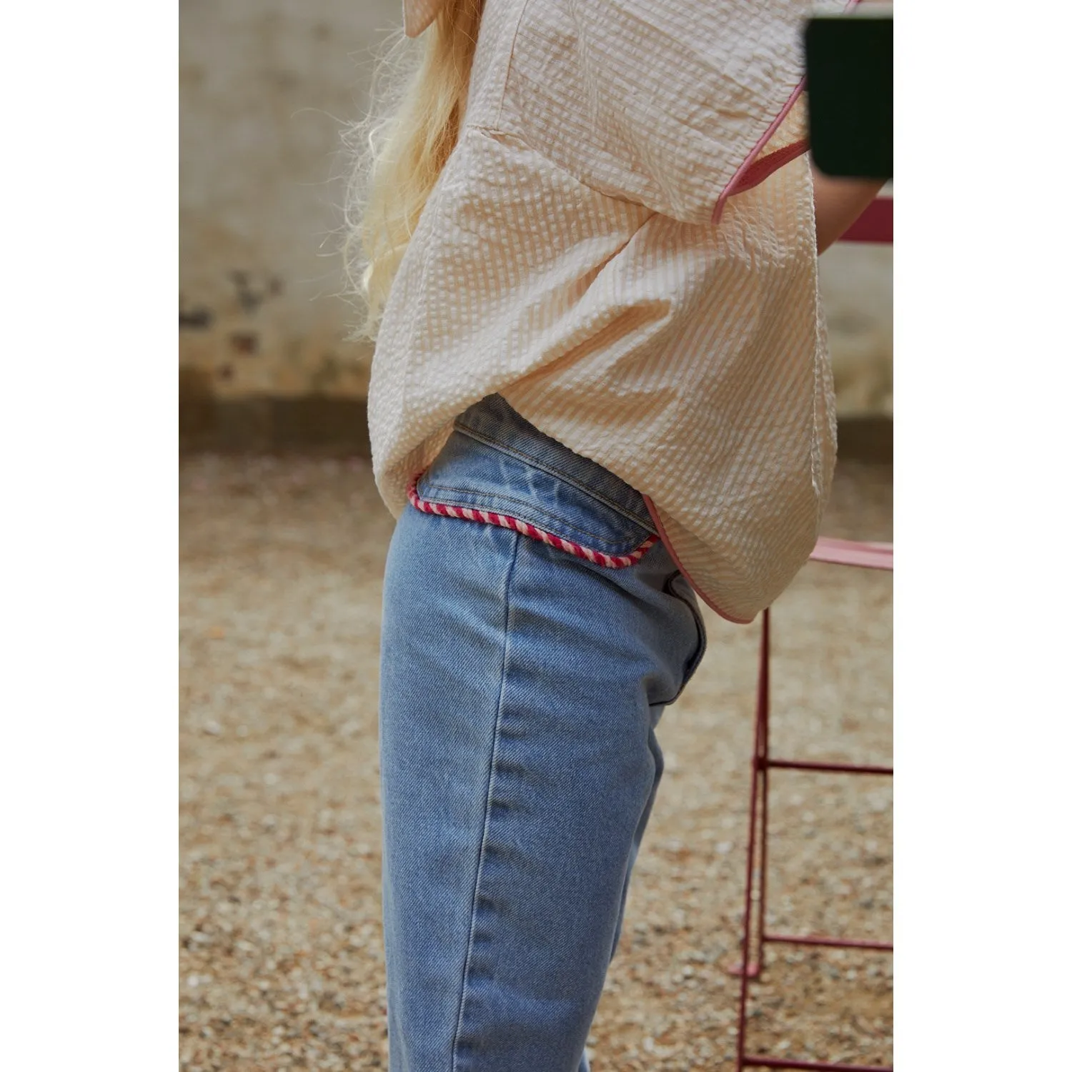 Timeless Cut COPENHAGEN COLORS Lt Blue Indigo Washed Organic Denim Pants Wide Leg W Rope Deco