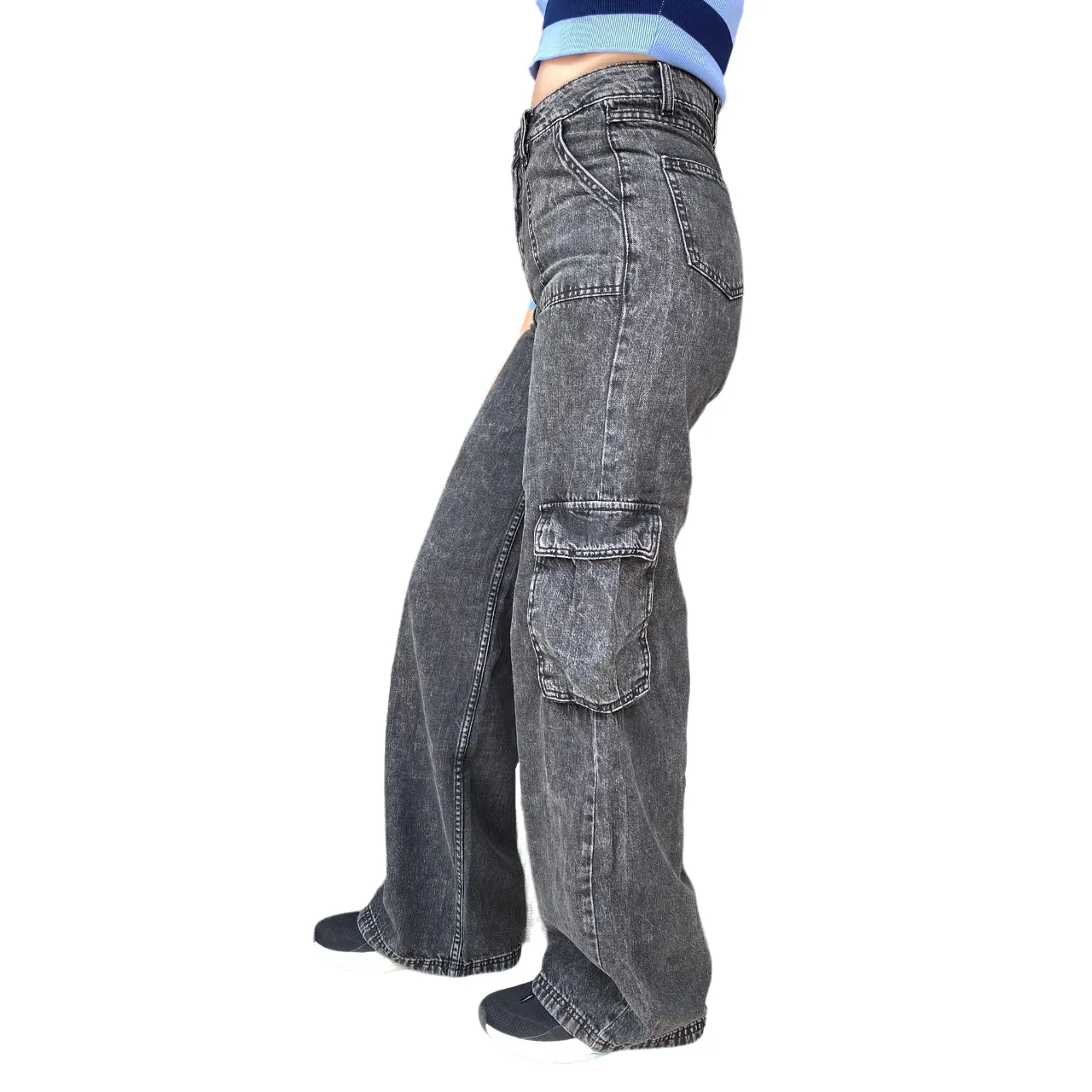 Multi Panel Construction Flattering Look XT-Studio pantalone jeans largo con tasconi da ragazza X124WVC009D419U8-R28 nero slavato