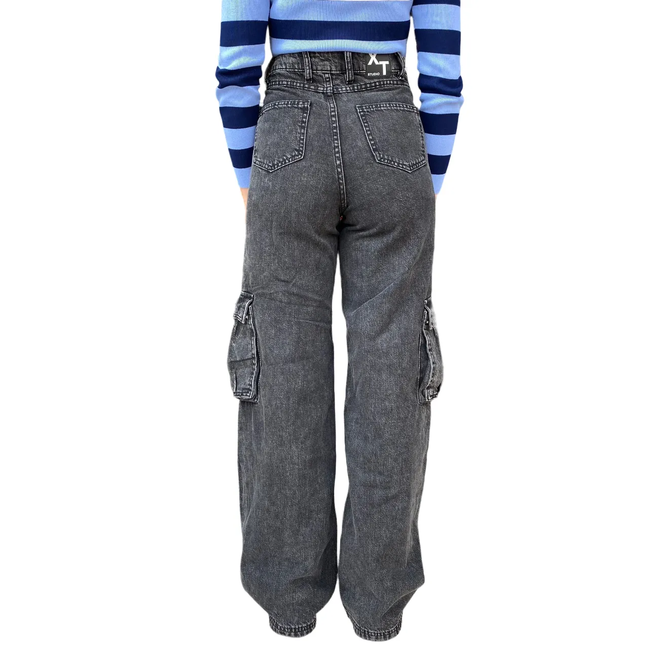 XT-Studio pantalone jeans largo con tasconi da ragazza X124WVC009D419U8-R28 nero slavato Twill Weave Texture