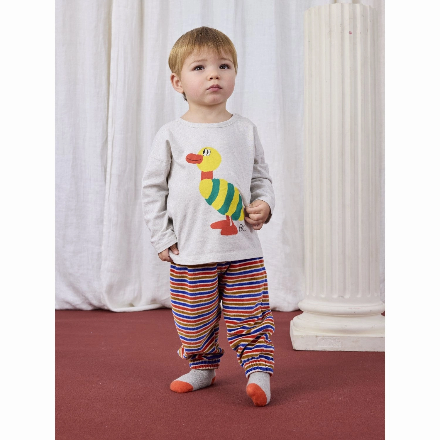 Reinforced Elbow Patches Bobo Choses Light Heather Grey Striped Duck T-Shirt