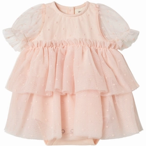 Lil'Atelier Peach Blush Frilla Loose Tulle Body Dress Delicate Finish High Neck