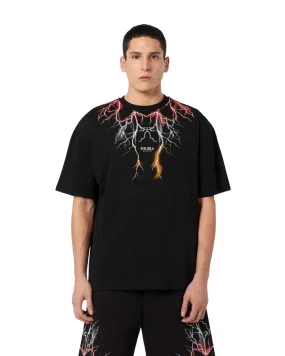 Casual Layering Wear Phobia T-shirt unisex nera con fulmini rossi grigi arancioni PH00106REDGROR