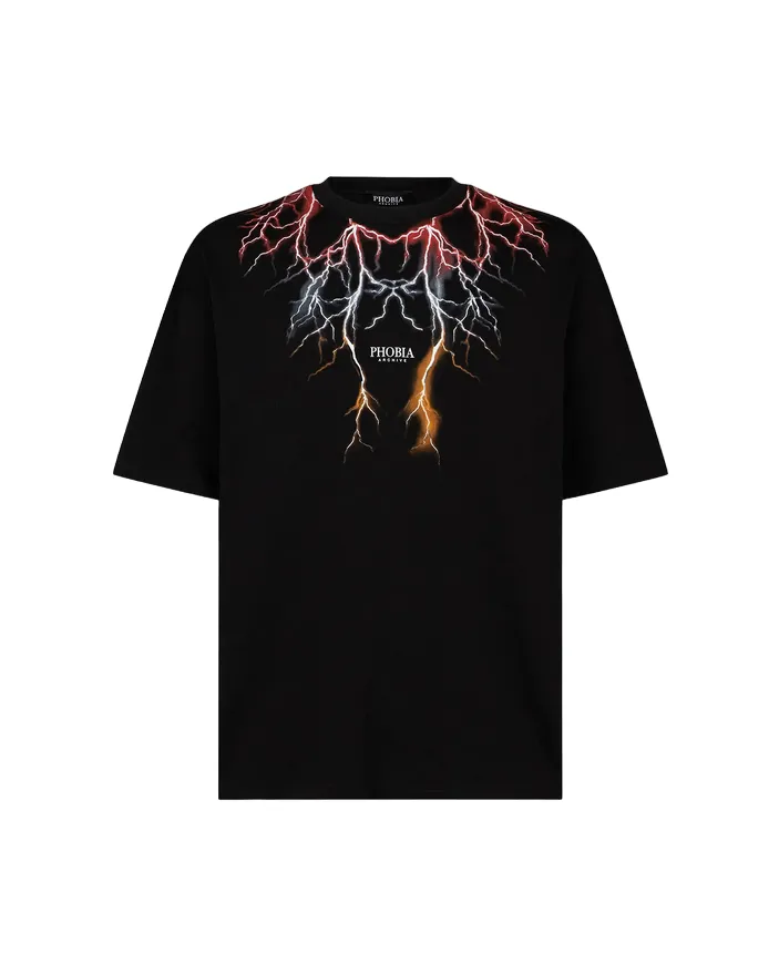 Lightweight Wear Airflow Ventilation Design Phobia T-shirt unisex nera con fulmini rossi grigi arancioni PH00106REDGROR