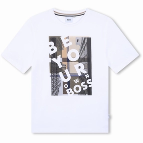 Unique Design Curved Hemline Hugo Boss White Short Sleeves Tee-Shirt