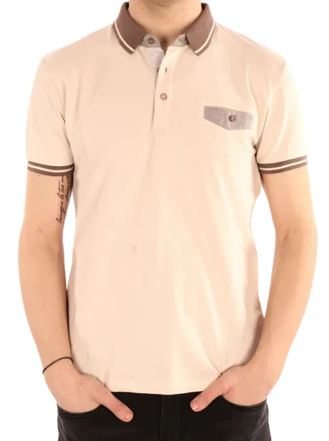 Yes Zee polo da uomo manica corta con taschino T716-S400-0250 beige DoubleLayered Hem Binding