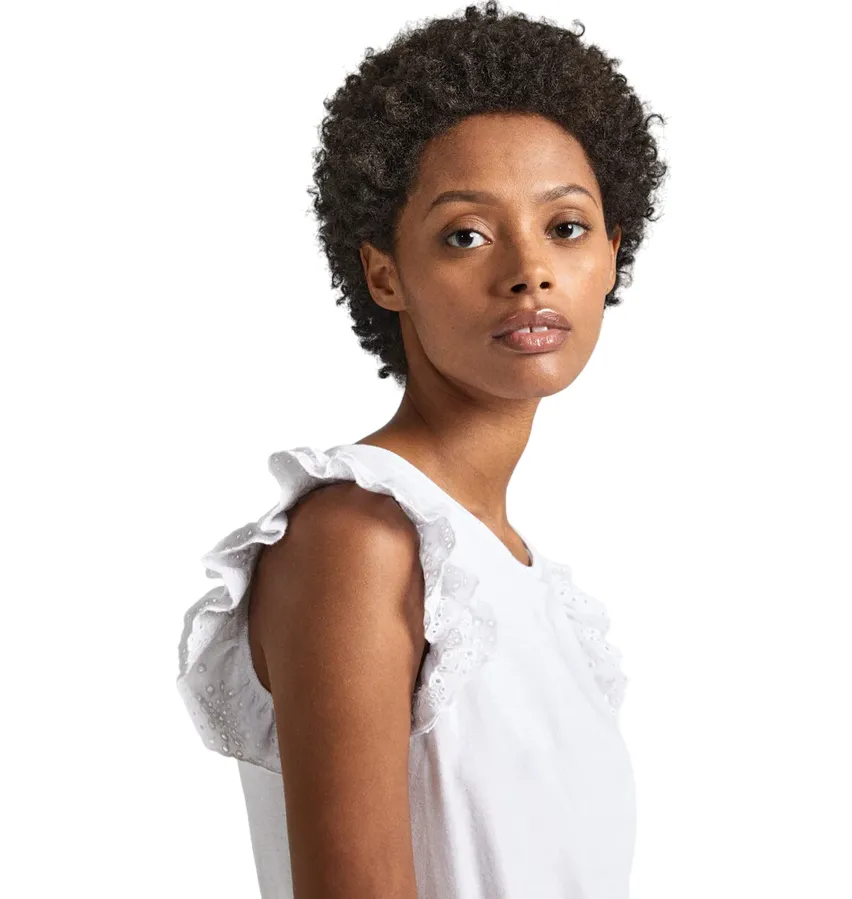 Subtle Logo Placement Lightweight Fashion Pepe Jeans maglietta con maniche corte a volant Lindsay PL505849 800 bianco