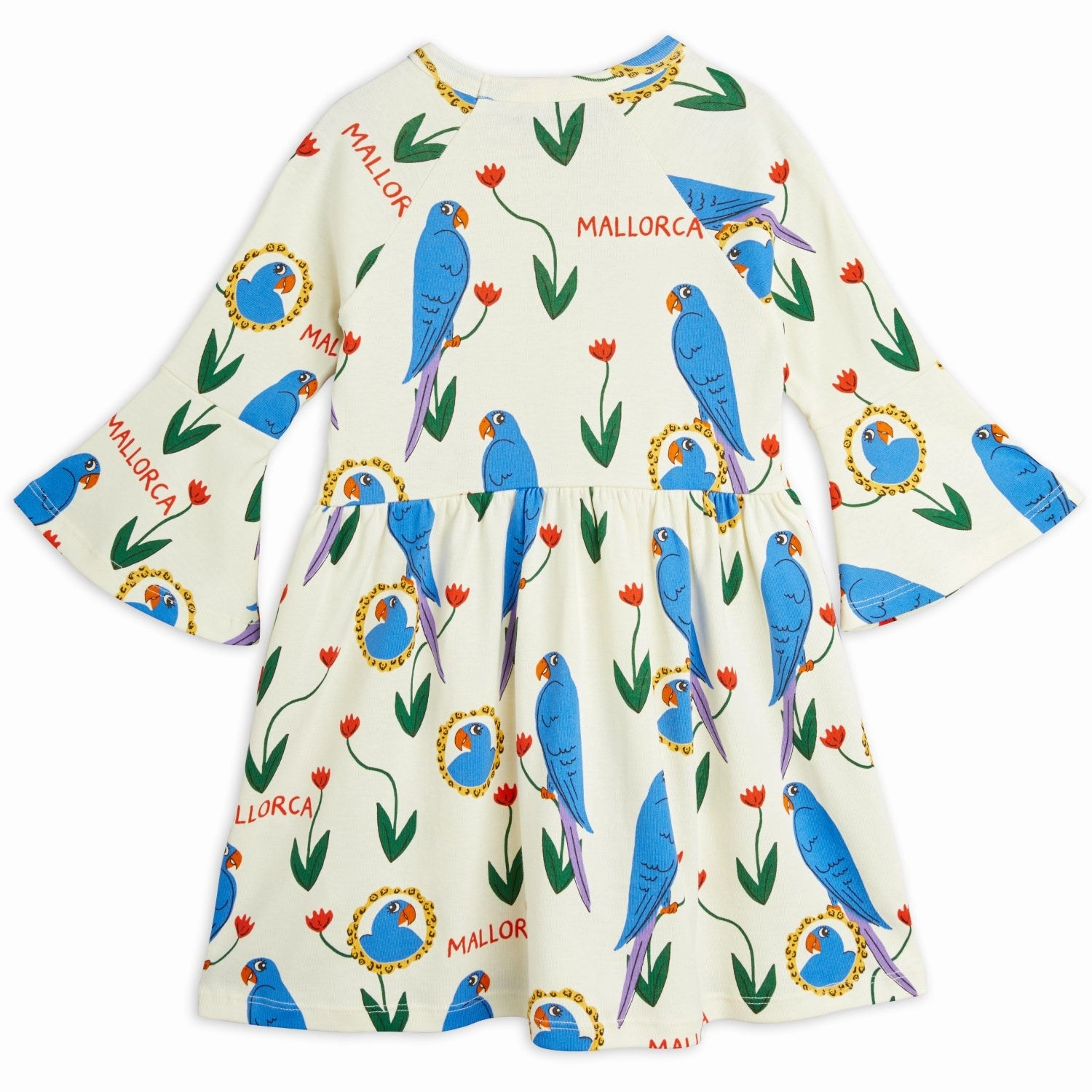 Casual Motion Fresh Outfit Mini Rodini Multi Parrots AOP Trumpet Sleeve Dress