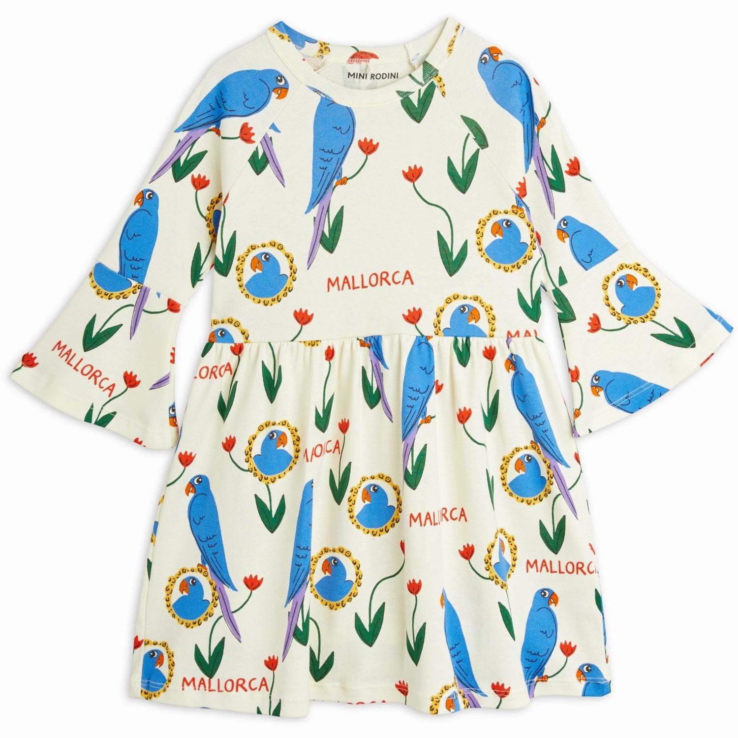 Soft Texture Mini Rodini Multi Parrots AOP Trumpet Sleeve Dress