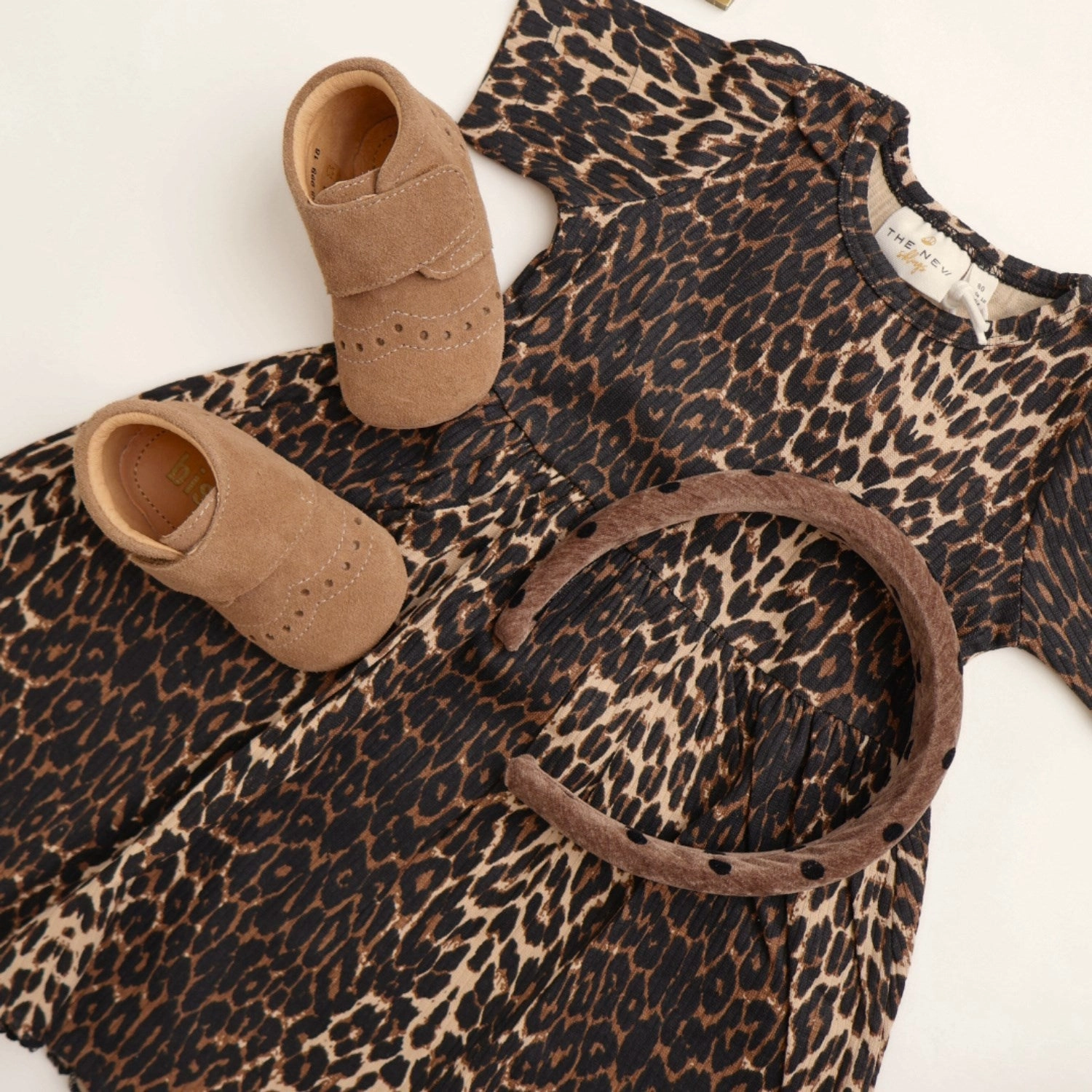 Blush Shade Minimal Aesthetic THE NEW Siblings Oxford Tan AOP Ellie Rib Dress