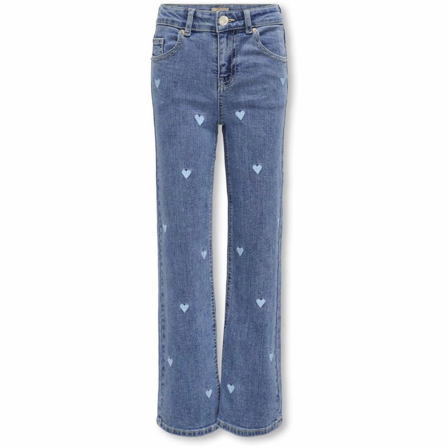 kids ONLY Light Medium Blue Denim Embroidered Blue Hearts Juicy Wide Leg Heart Denim Jeans Modern Silhouette