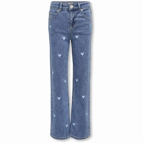 kids ONLY Light Medium Blue Denim Embroidered Blue Hearts Juicy Wide Leg Heart Denim Jeans Modern Silhouette