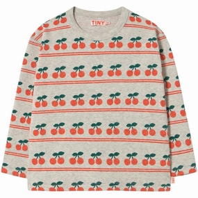 Round Collar Animal Print TinyCottons Light Cream Heather Cherry Pattern Rib T-Shirt