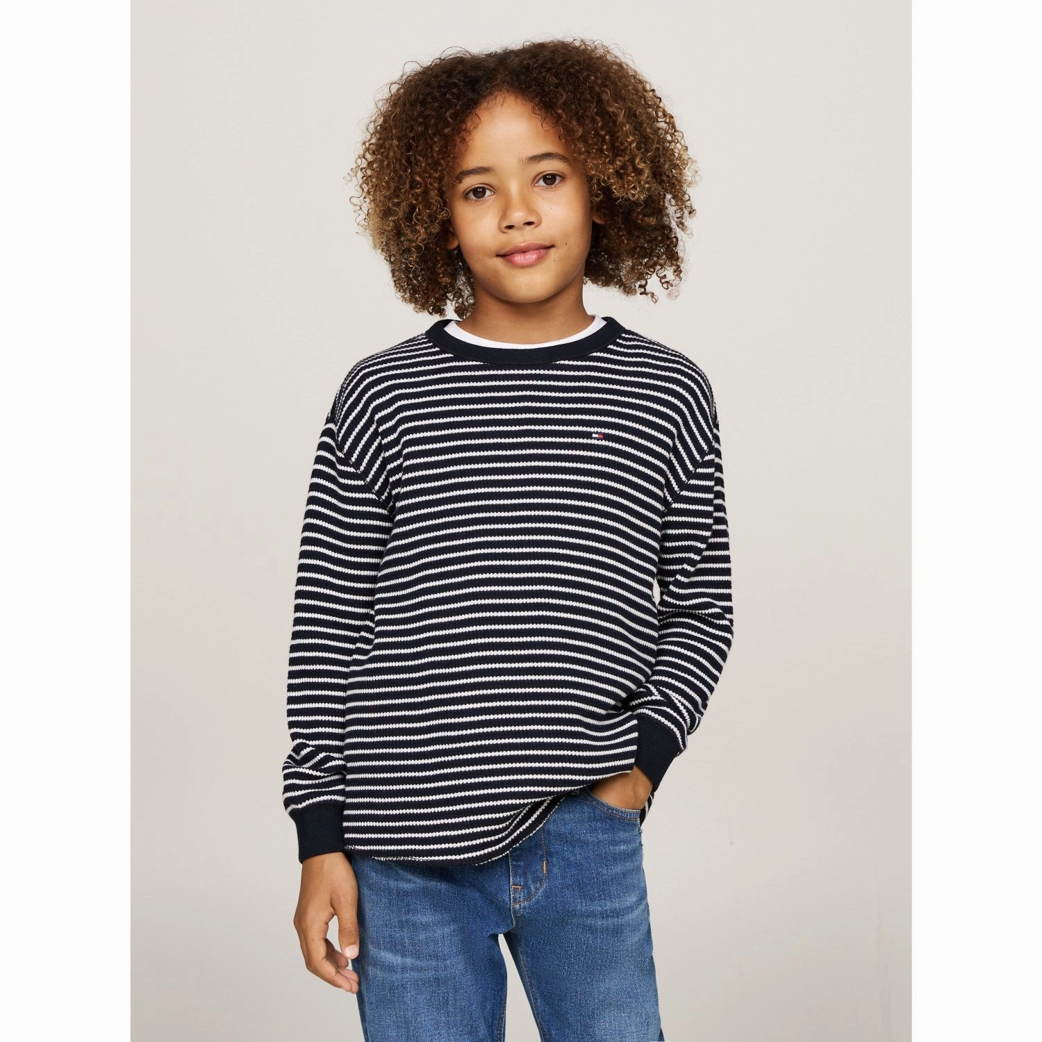 Tommy Hilfiger Blue Base White Stripes Flag Mini Waffle Reg Blouse Bold Pattern