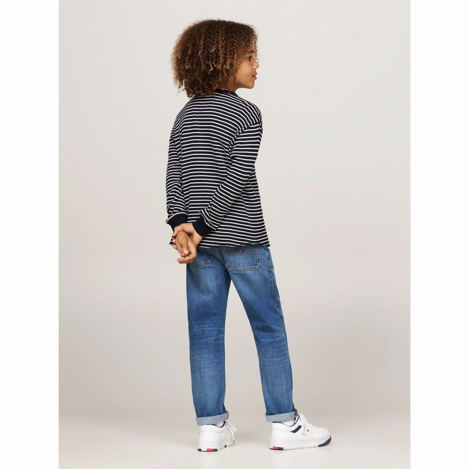 Tommy Hilfiger Blue Base White Stripes Flag Mini Waffle Reg Blouse Trendy Look Round Collar