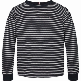 Tommy Hilfiger Blue Base White Stripes Flag Mini Waffle Reg Blouse Waffle Weave Designer Touch