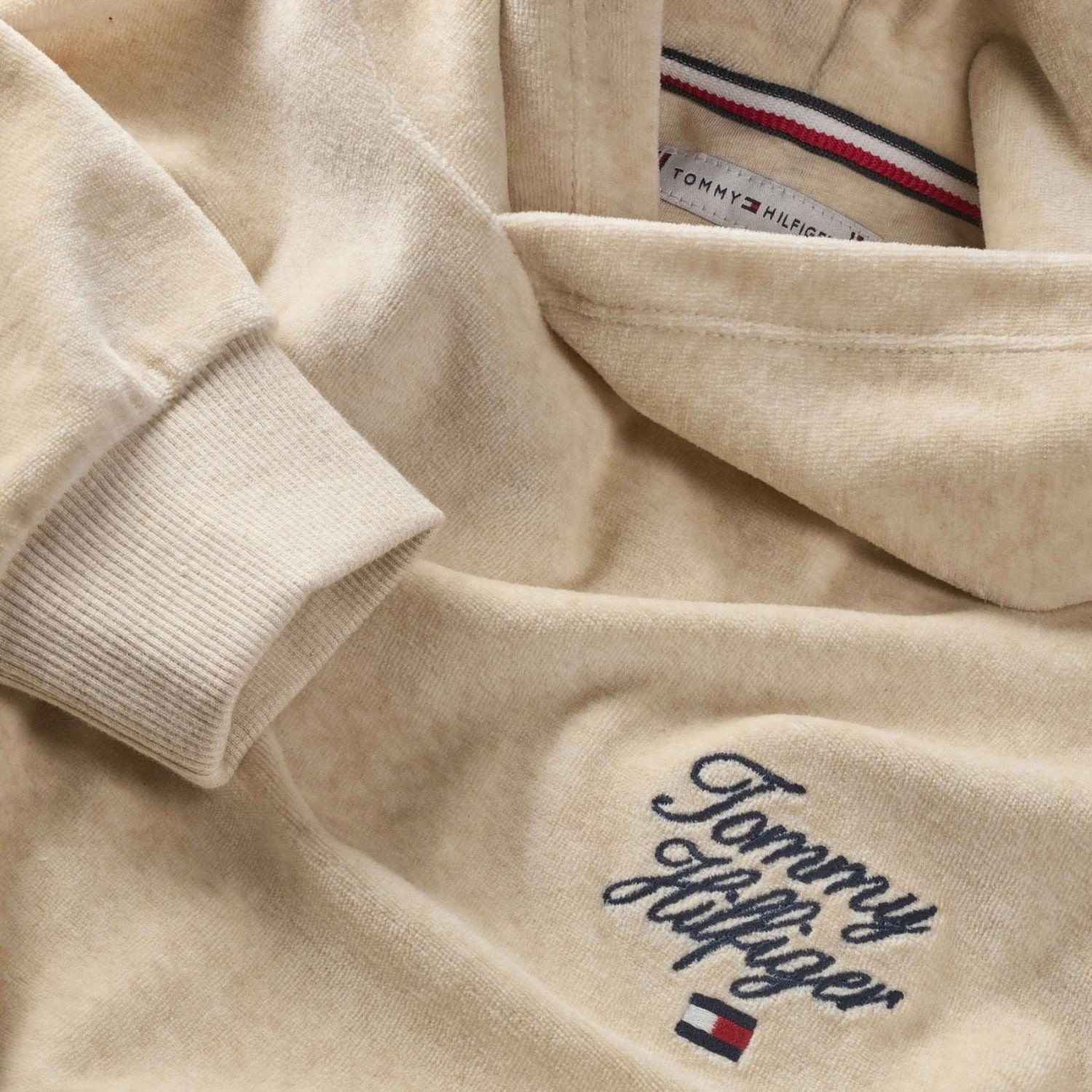 Tommy Hilfiger Heathered Oat Script Velour Hoodie Rain Wear