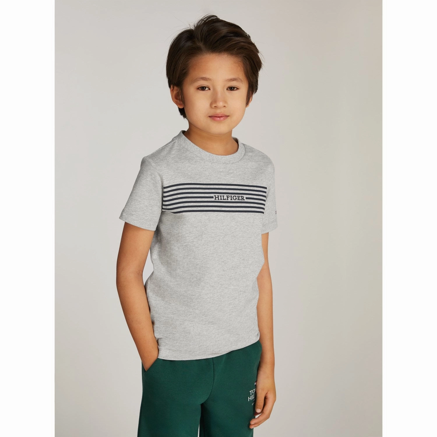 Timeless Look Wear Smart Fashion Tommy Hilfiger Light Grey Htr / Navy Stripes Monotype Print Stripe Reg Tee Ss
