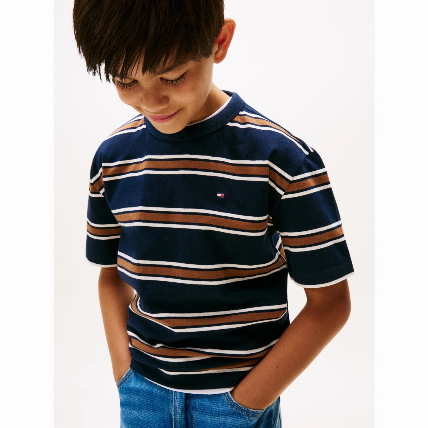 Tommy Hilfiger Navy Multi Stripe Cotton Stripe Tee Ss Daily Style Soft Touch Texture