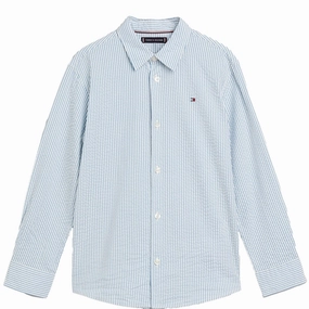Contrast Stitch Multi Pocket Utility Tommy Hilfiger Seersucker Stripes Shirt Blue Spell Stripe