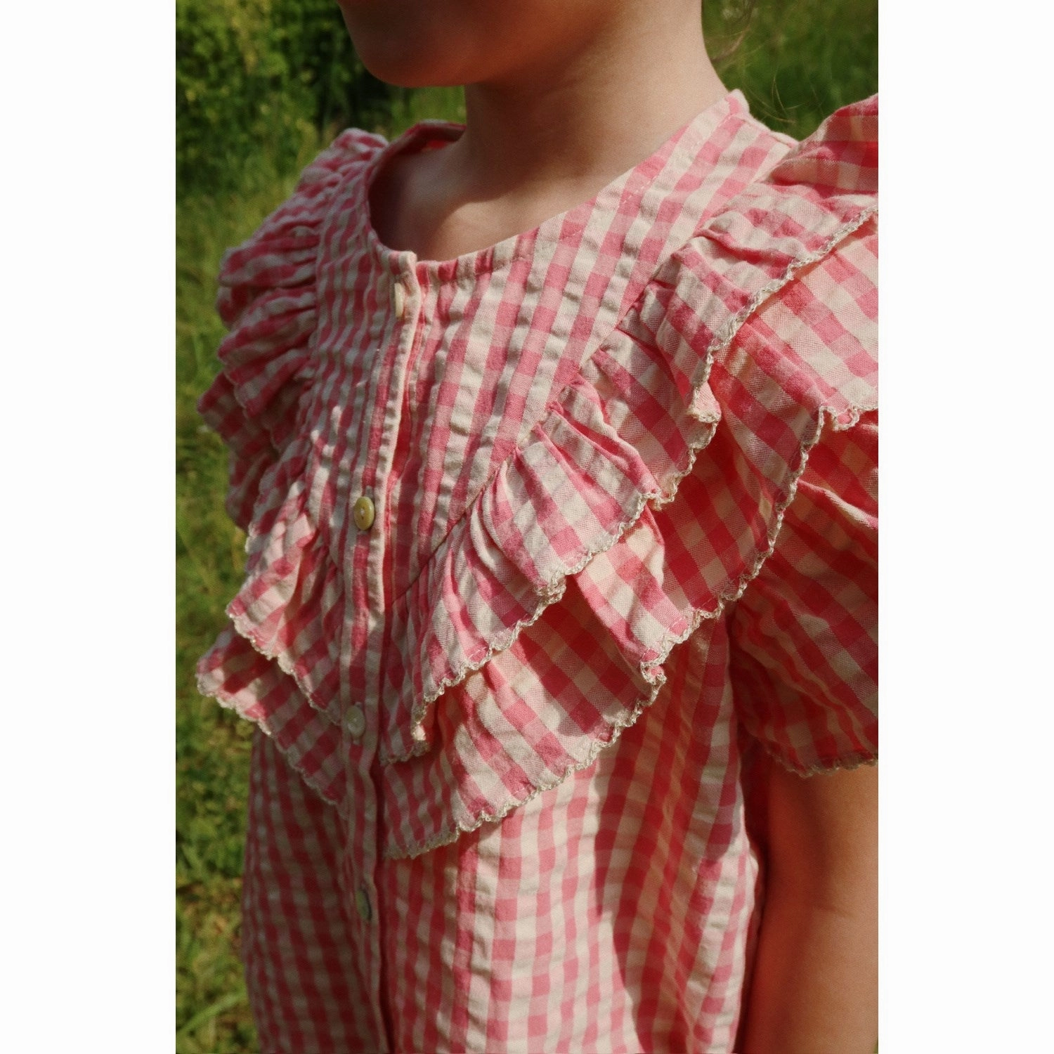 Konges Sl?jd Flamingo Plume Check Kim Frill Ss Shirt Gots Outdoor Adventure Stretchy Cloth