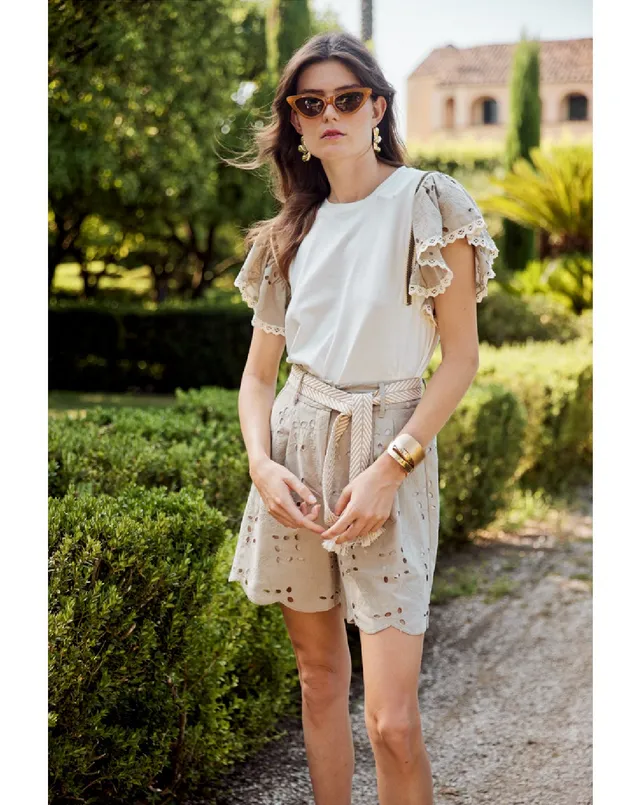 elastic waistband Fly Girl maglietta manica corta da donna con maniche ricamate e ornate 11685/01 panna-sabbia