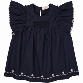 COPENHAGEN COLORS Navy Comb. Poplin Emb. Blouse W. Frill Sleeves Versatile Apparel Casual Day Wear
