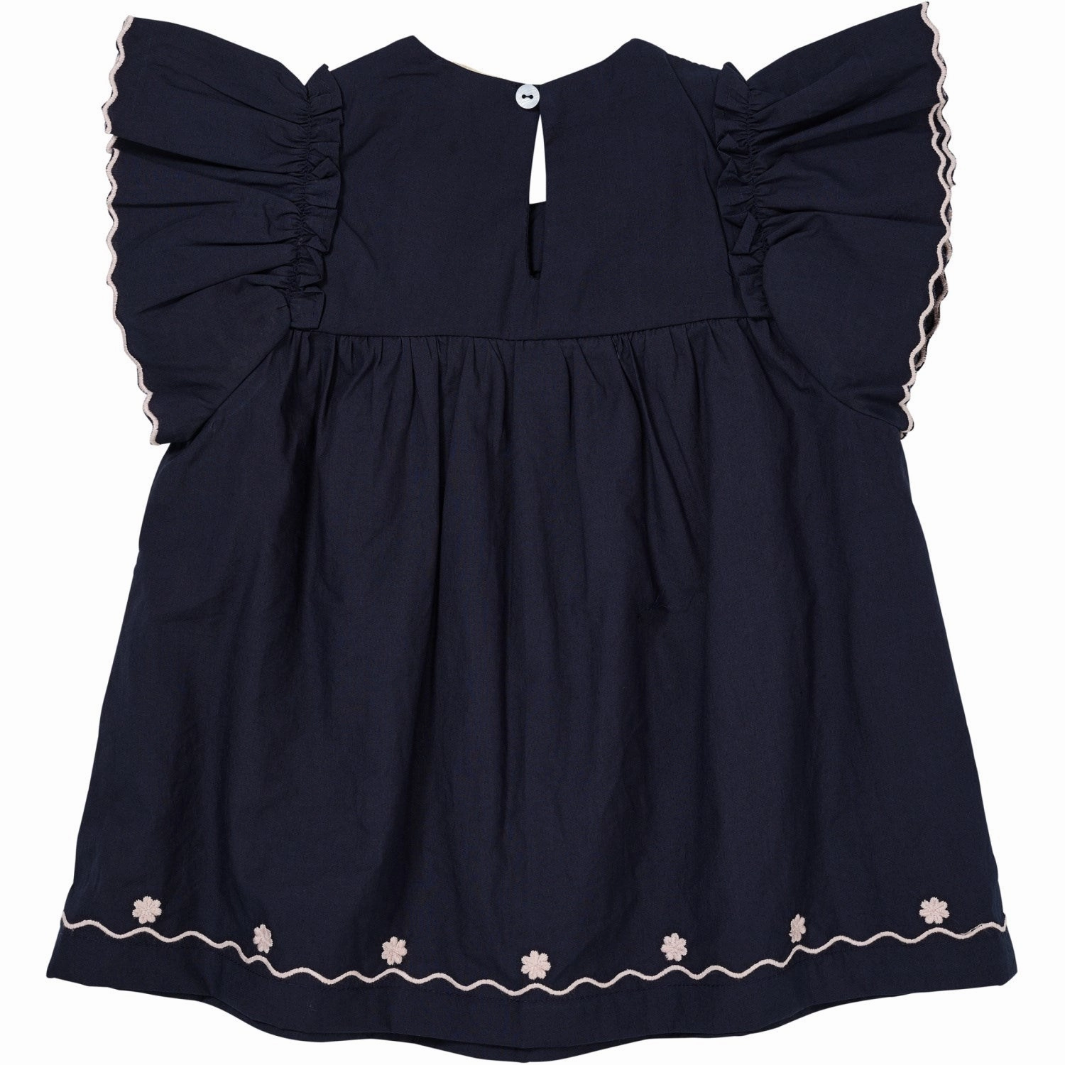 Low Profile Collar Timeless and Chic COPENHAGEN COLORS Navy Comb. Poplin Emb. Blouse W. Frill Sleeves