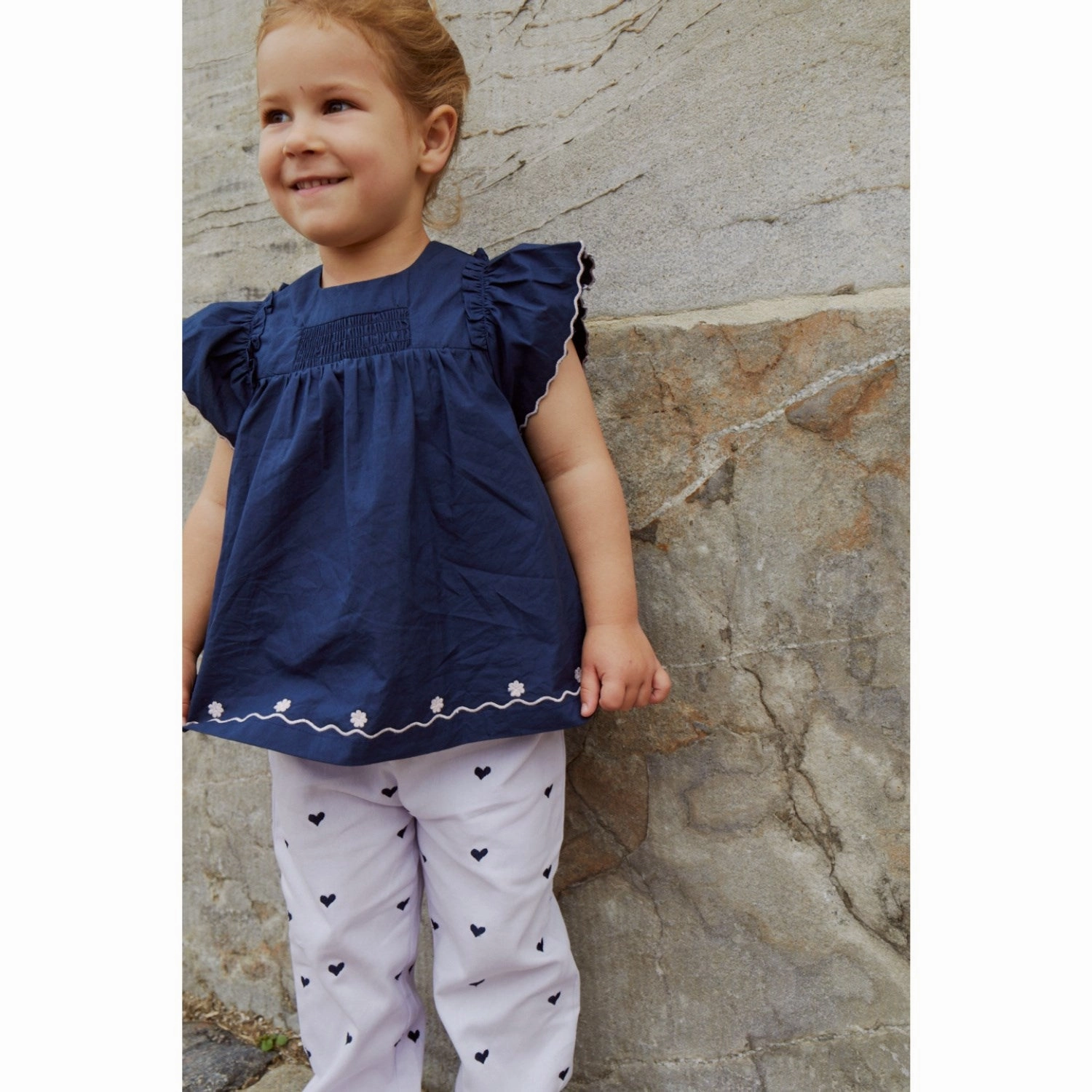 Versatile and Comfortable Non Toxic Printing COPENHAGEN COLORS Navy Comb. Poplin Emb. Blouse W. Frill Sleeves