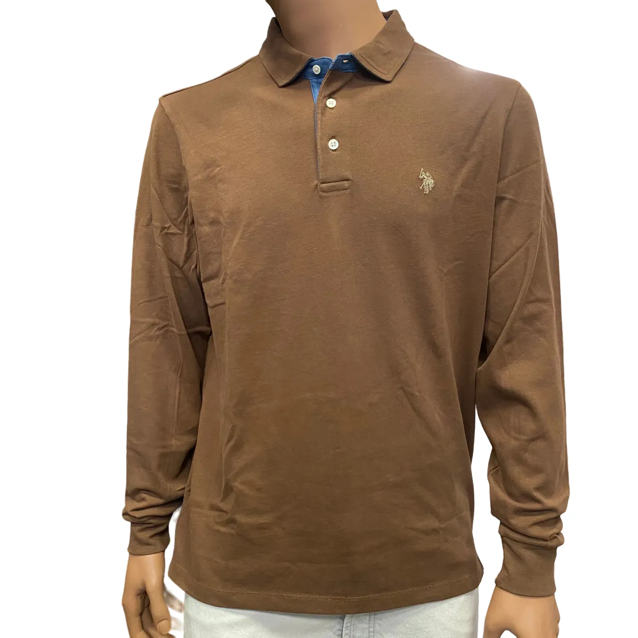 U.S. Polon Assn polo manica lunga da uomo Lyle-Man US40177009 268 marroncino Snap Button Closure Lightweight Knit Material