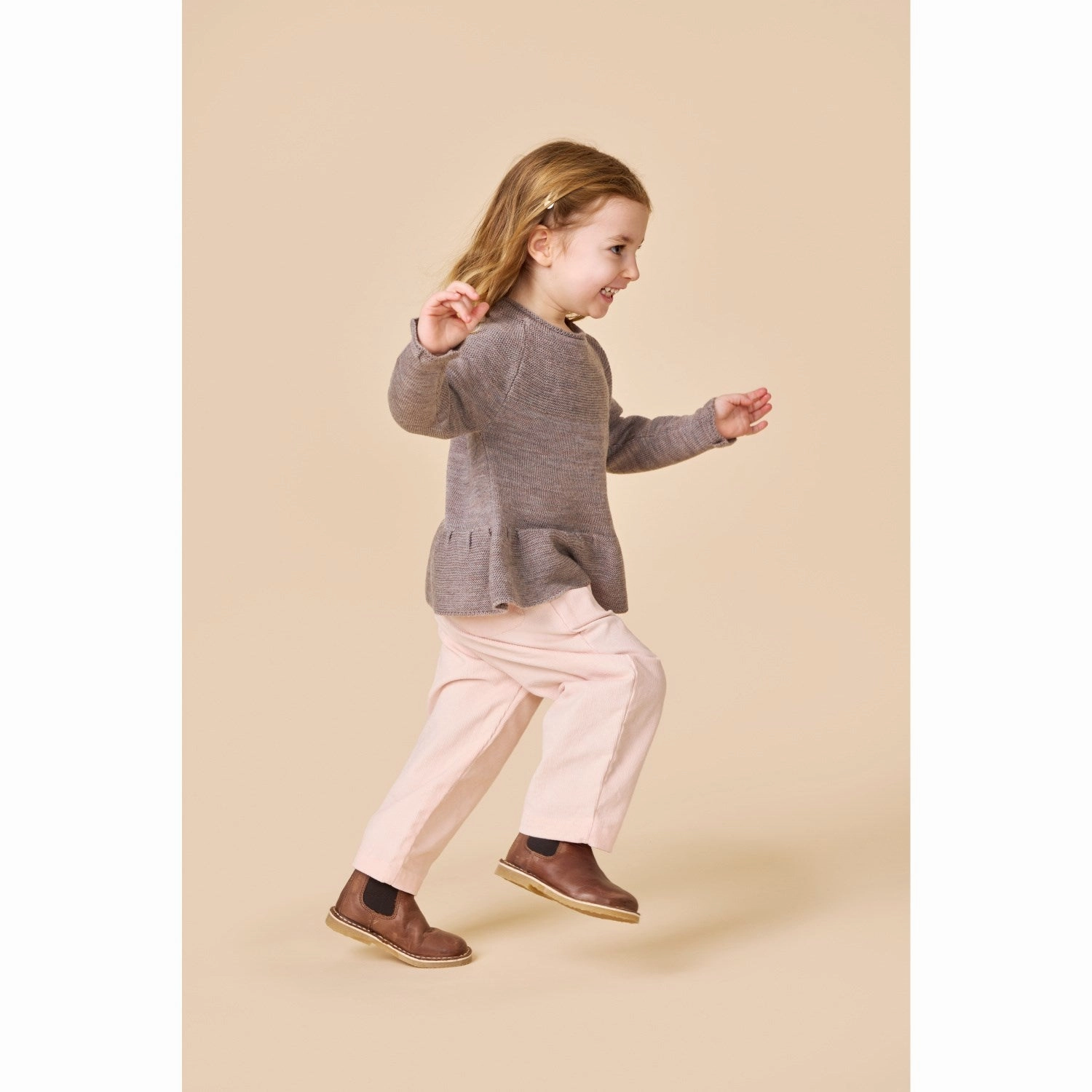 Copenhagen Colors Natural Melange Merino Knit Blouse With Frill Hidden Placket Multi Pocket Design