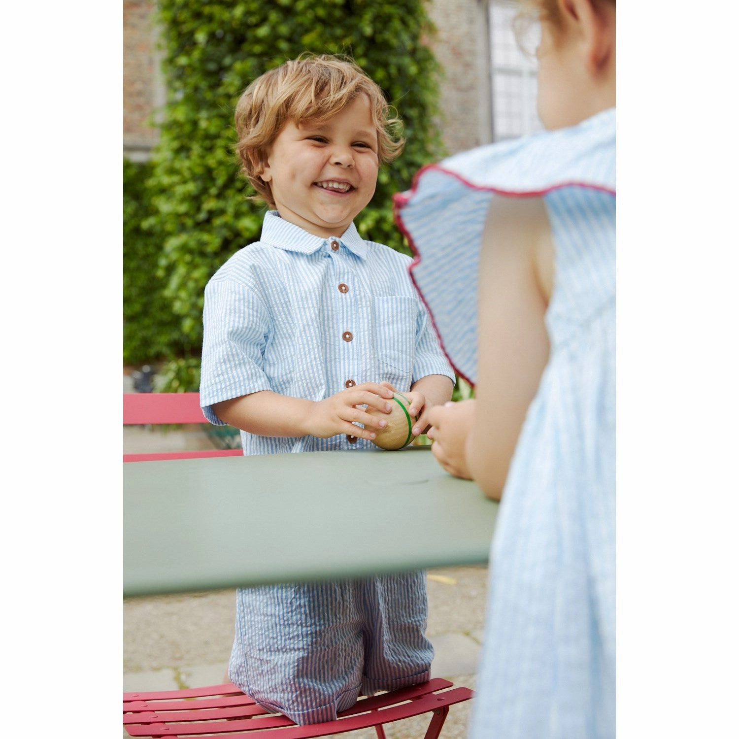 vacation wear Cuffed hem COPENHAGEN COLORS Sky Blue W Cream Stripe Seersucker Ss Shirt