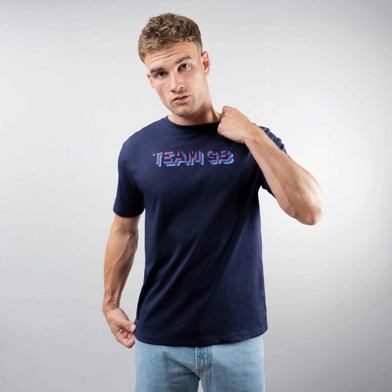 Heathered Fabric Simple and Cozy Adult Team GB Stacked Text T-Shirt  - Navy