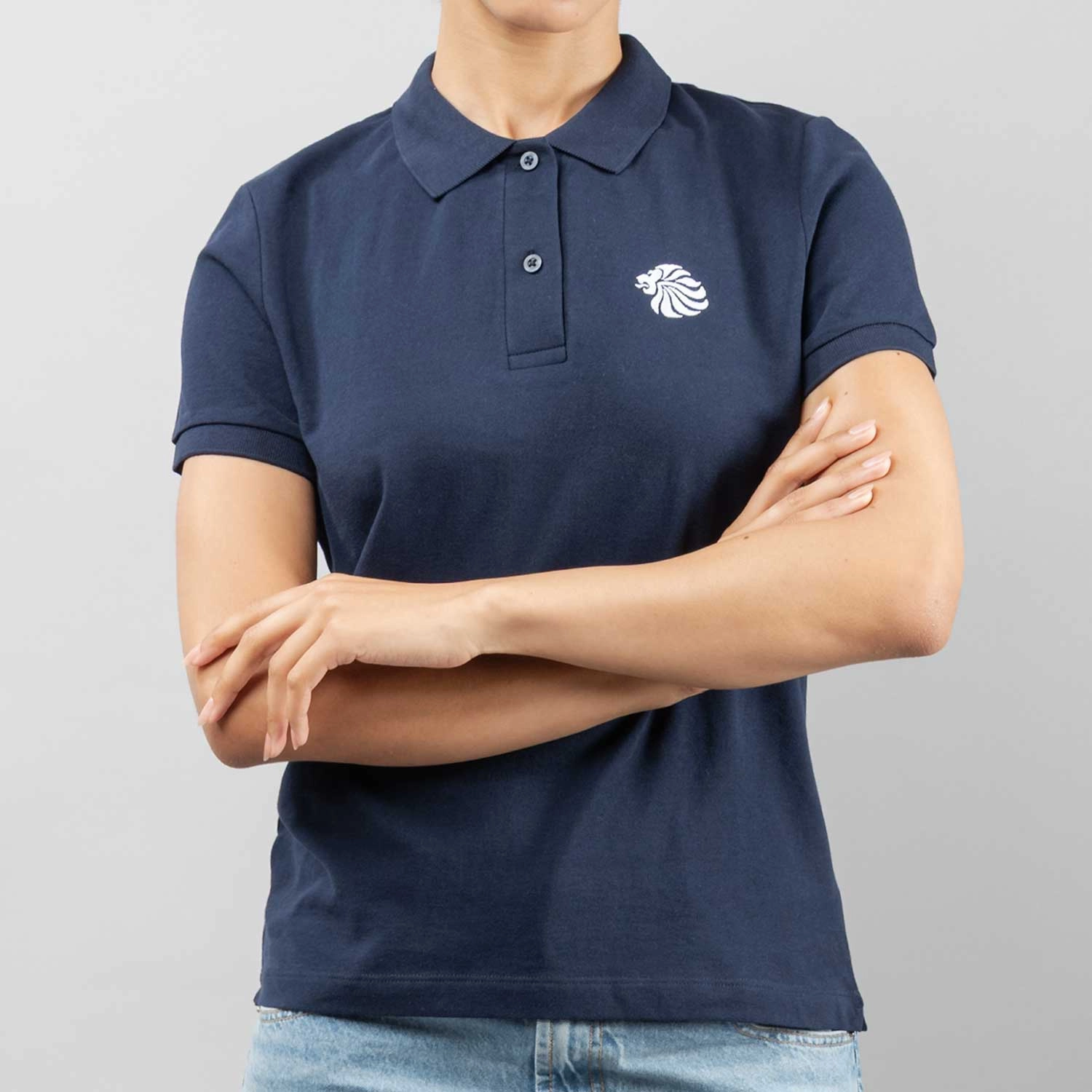 Women's Team GB Mono Small Lion Polo  - Navy Recycled Polyester Adjustable Hem