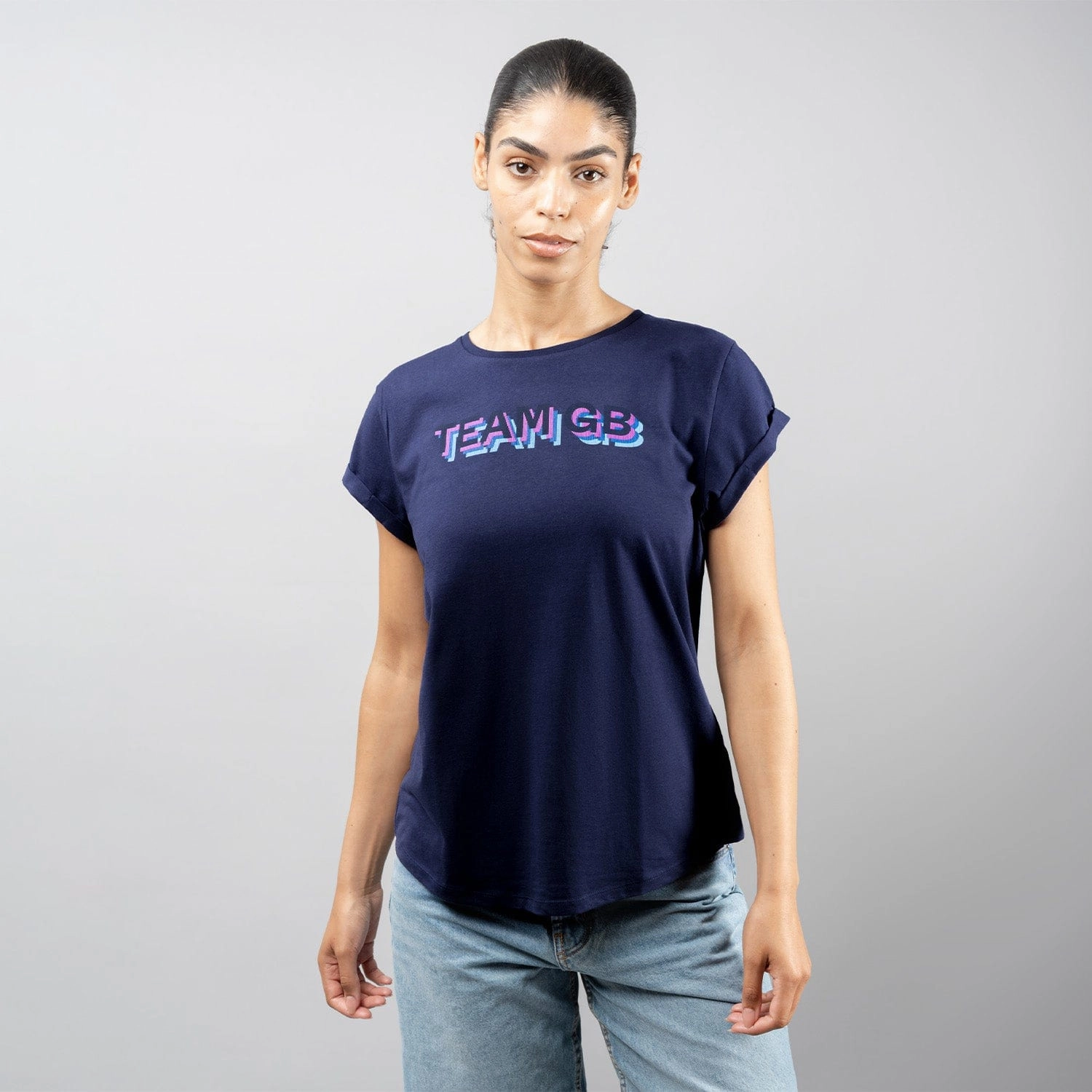 Reinforced Collar Women's Team GB Stacked Text T-Shirt - Navy  - Navy